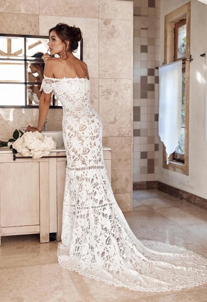 Elegant Off the Shoulder Ivory Lace Mermaid Beach Wedding Dress, Cheap Bridal Dress SJS15188