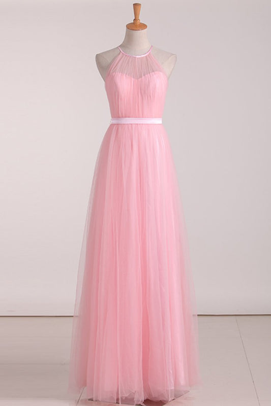 Floor Length Halter Ruched Bodice A Line Tulle Bridesmaid Dresses