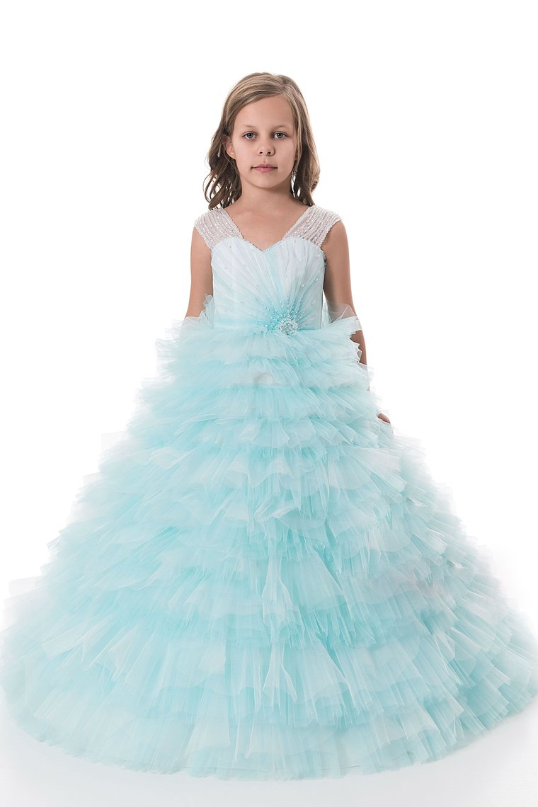 Tulle V Neck With Beading Flower Girl Dresses A Line Sweep Train