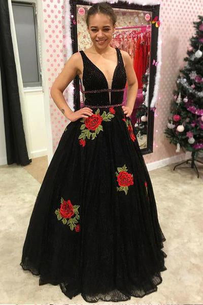 A Line V Neck Straps Lace Black Prom Dresses Backless Cheap Party Dresses JS698