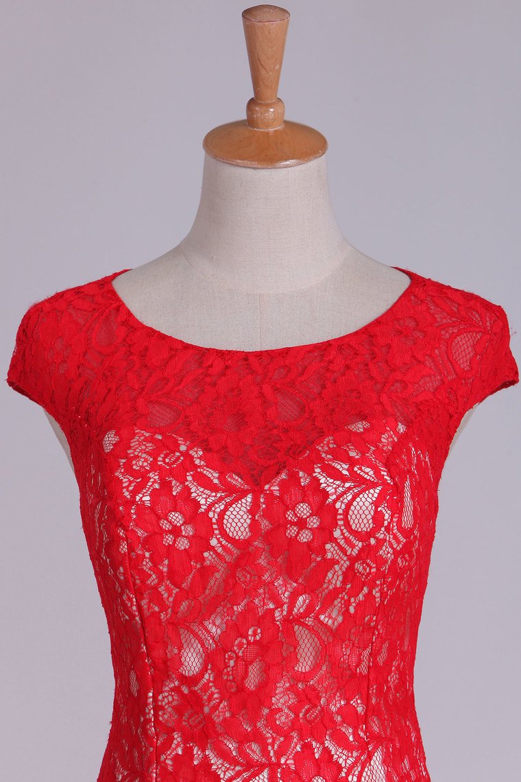 Lace Bateau Homecoming Dress A Line Red Short/Mini