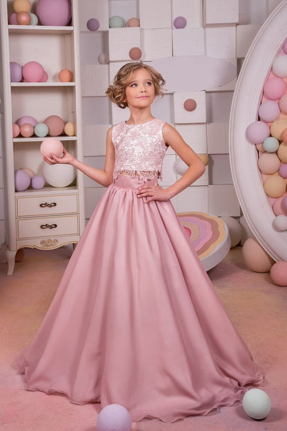 2024 Two-Piece Scoop Chiffon & Lace A Line Flower Girl Dresses Sweep Train