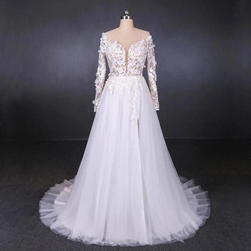 Long Sleeves White A-line Tulle Beach Wedding Dresses with Lace Appliques, Bridal Dress SJS15255