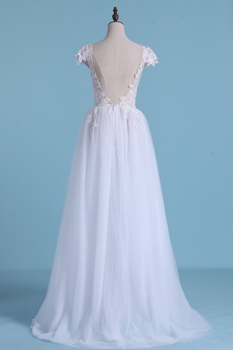 Sexy Beach Wedding Dresses A-Line V-Neck Floor-Length Tulle With Slit