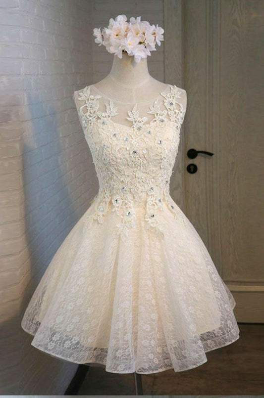 Cute A Line Lace Appliques Scoop Lace up Sequins Knee Length Homecoming Dresses JS965