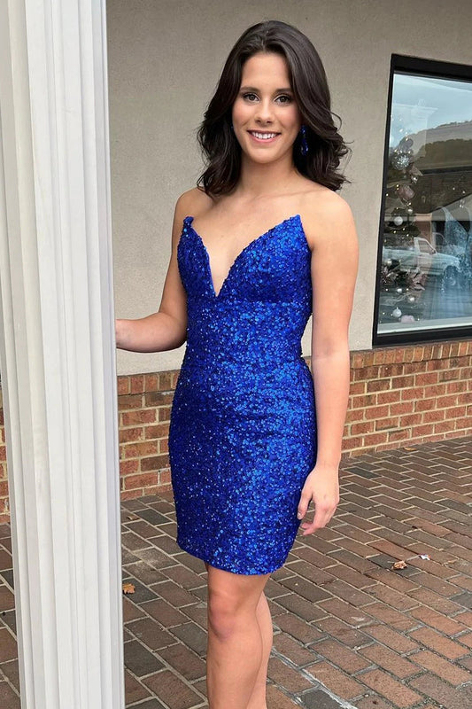 Sparkle Royal Blue Strapless V Neck Sequins Homecoming Dresses