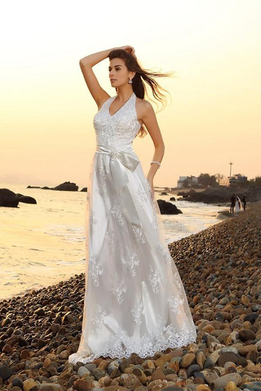 Princess A-Line Halter Belt Sleeveless Long Lace Sweetheart Beach Wedding Dresses JS561