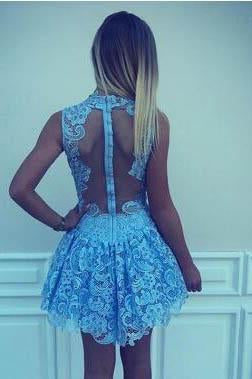 Cute A Line High Neck Blue Lace Appliques Illusion Short Cheap Homecoming Dresses JS892