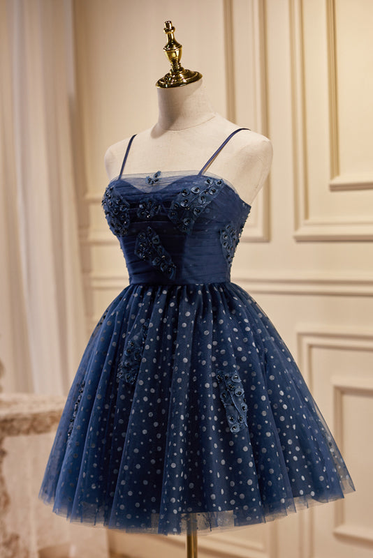 Dark Navy Spaghetti Straps Tulle Short Homecoming Dresses