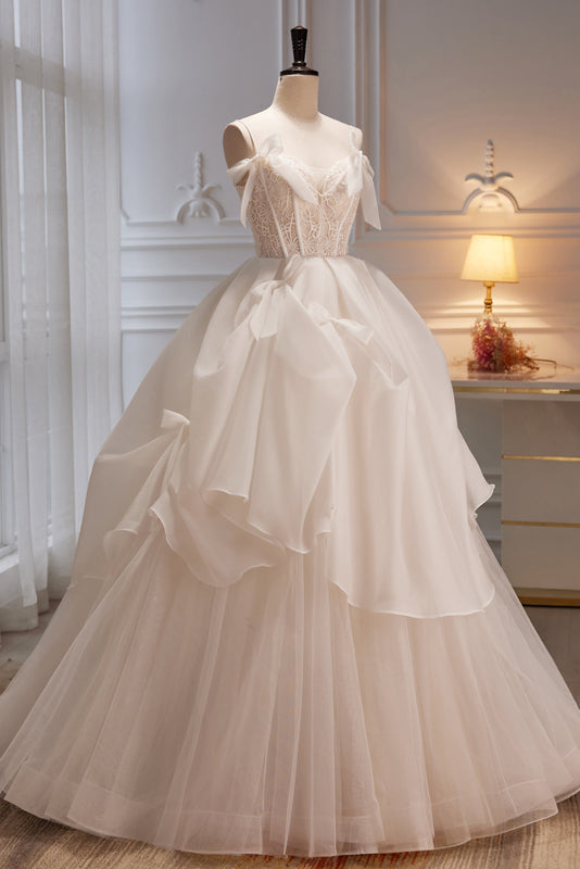 Elegant Ivory Spaghetti Straps Bowknot A Line Tulle Long Prom Dresses