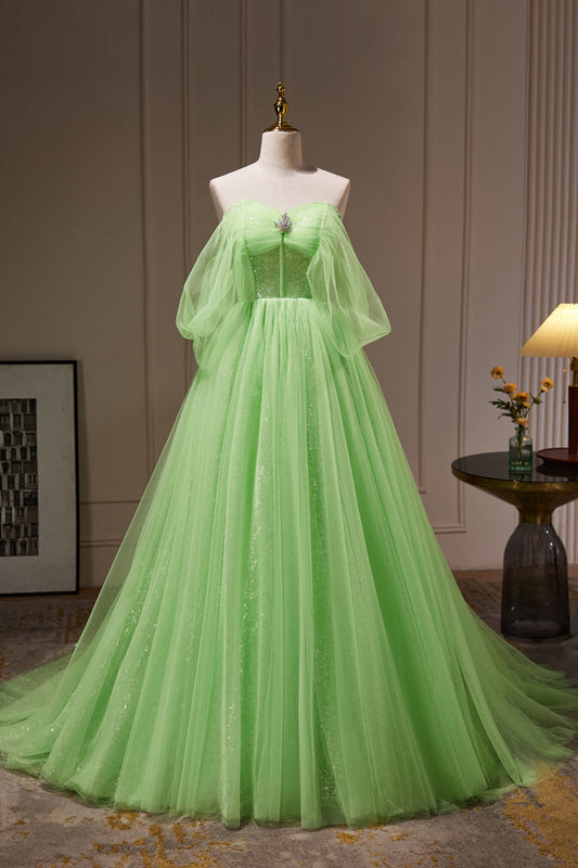 Sparkle Green Off The Shoulder Sequins A Line Tulle Long Prom Dresses