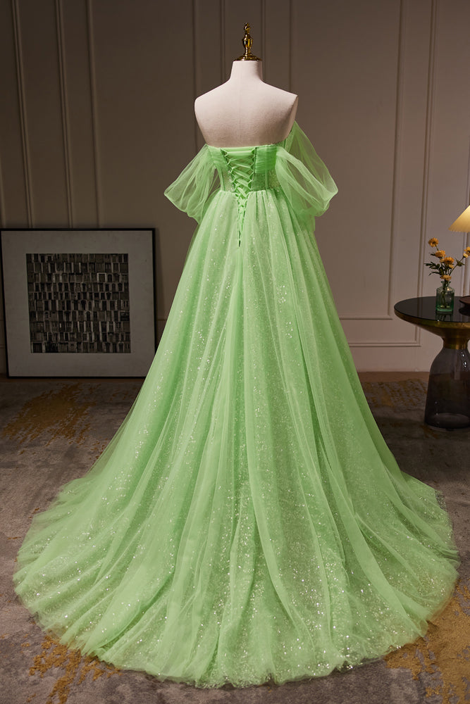 Sparkle Green Off The Shoulder Sequins A Line Tulle Long Prom Dresses