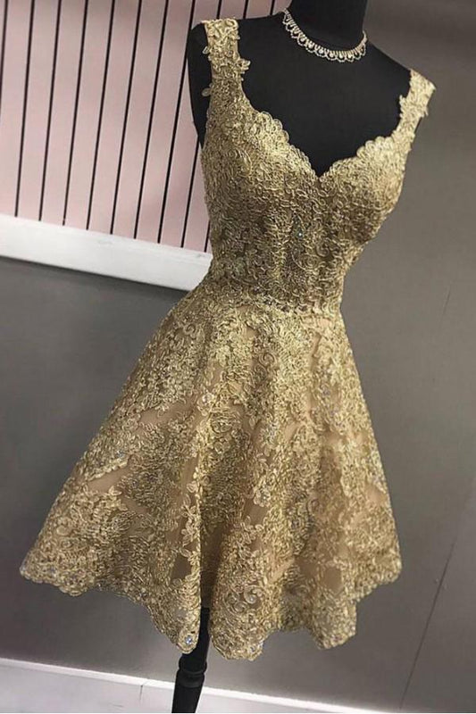 Cute A Line Gold V Neck Lace Appliques Short Prom Dresses Homecoming Dresses JS888