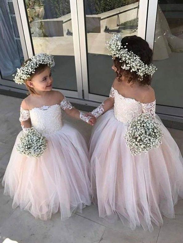 Cute Off the Shoulder Long Sleeve Pink Lace Appliques Tulle Flower Girl Dresses uk JS289