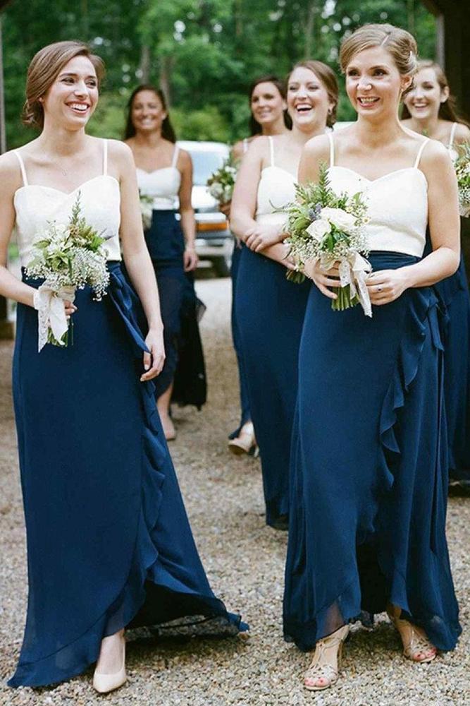 A-Line Spaghetti Straps Dark Blue Chiffon Bridesmaid Dresses With Ruffles Sweetheart JS344