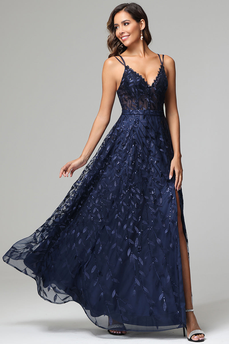 A-line Dark Navy Spaghetti Straps V-neck Lace Prom Dresses