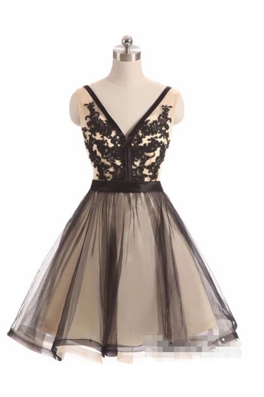 See Through Black Lace Short Dresses A Line V Neck Vintage Homecoming Dresses