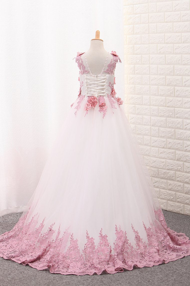 Scoop A Line Tulle Flower Girl Dresses With Applique And Handmade Flowers