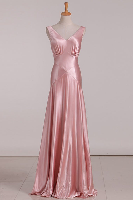 A Line V Neck Bridesmaid Dresses Open Back Stretch Satin Floor Length