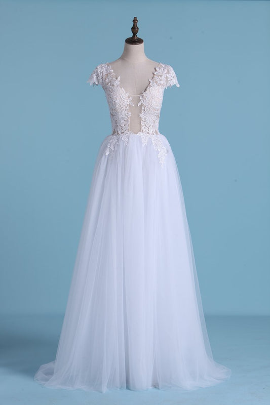 Sexy Beach Wedding Dresses A-Line V-Neck Floor-Length Tulle With Slit