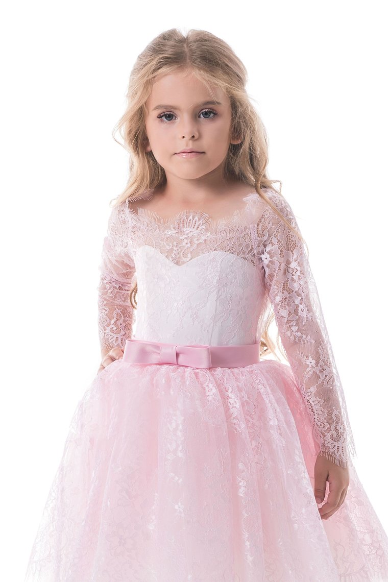 Flower Girl Dresses A Line Boat Neck Long Sleeves Lace Short/Mini