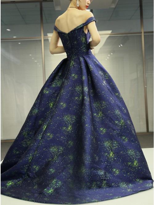 A Line Off the Shoulder Long Navy Blue Prom Dress with Printed Cheap Evening Dresses JS847