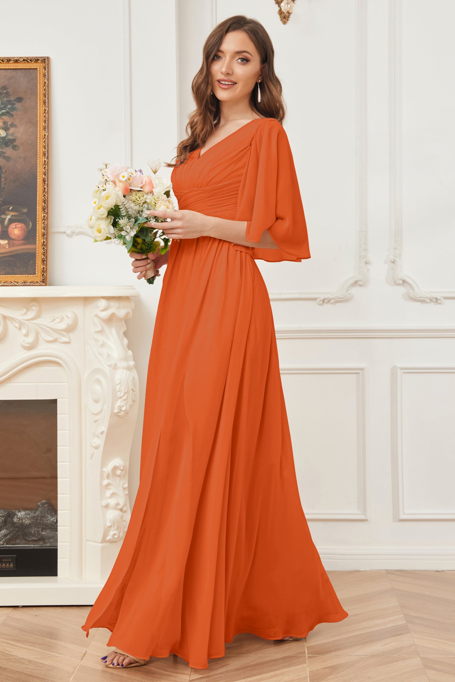 Half Sleeves V-neck Chiffon Bridesmaid Dresses