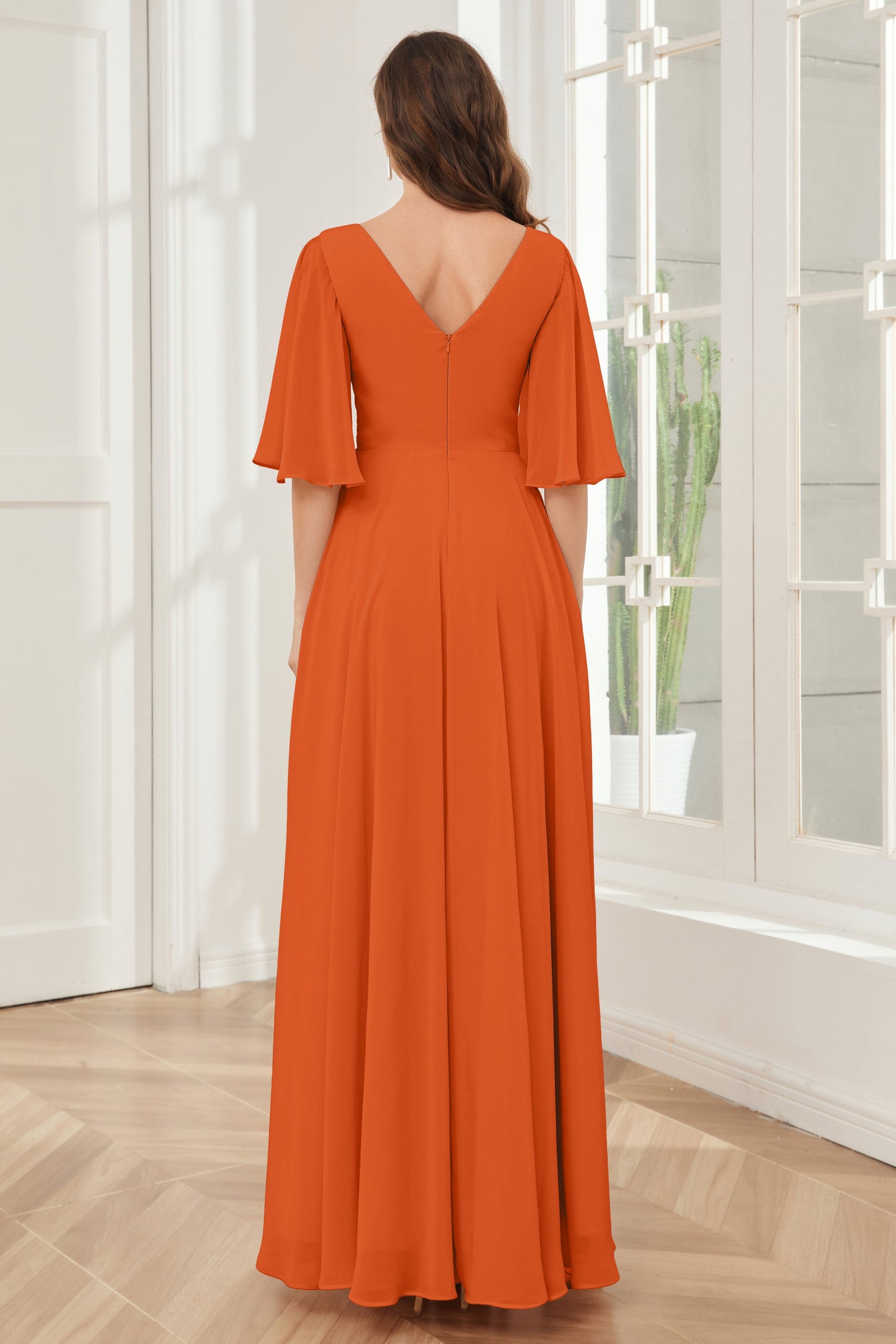 Half Sleeves V-neck Chiffon Bridesmaid Dresses