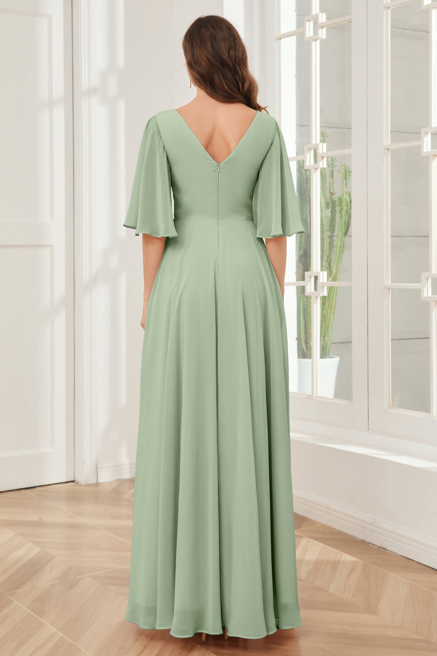 Half Sleeves V-neck Chiffon Bridesmaid Dresses