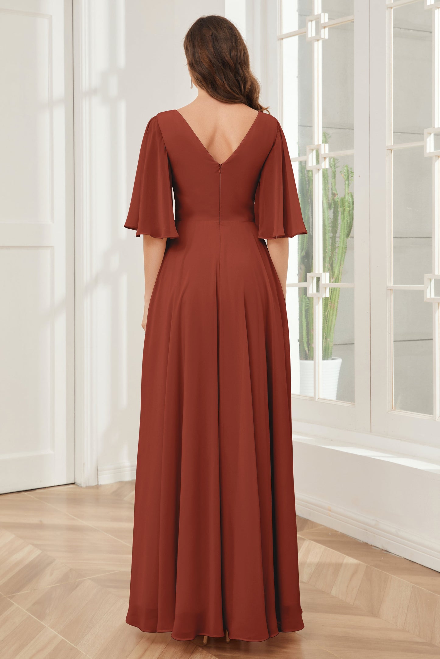 Half Sleeves V-neck Chiffon Bridesmaid Dresses