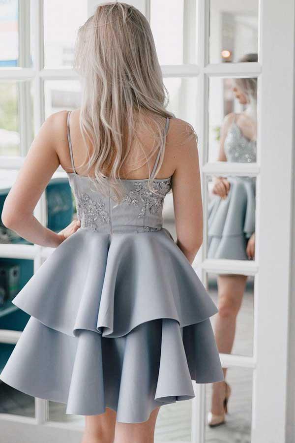 A Line V Neck Backless Satin Beaded Grey Spaghetti Straps Lace Homecoming Dresses JS921