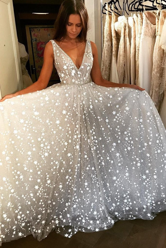 White V Neck Sleeveless Glitter Sparkly Long Wedding Dresses Floor Length Prom Dresses