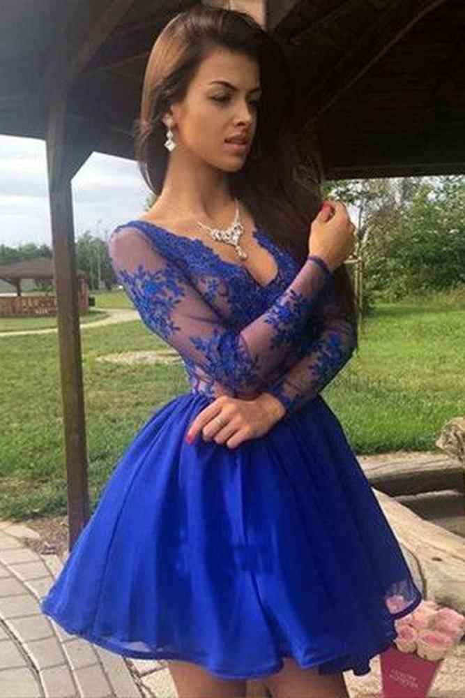 Charming A Line V Neck Long Sleeves Royal Blue Lace Short Homecoming Dresses JS979