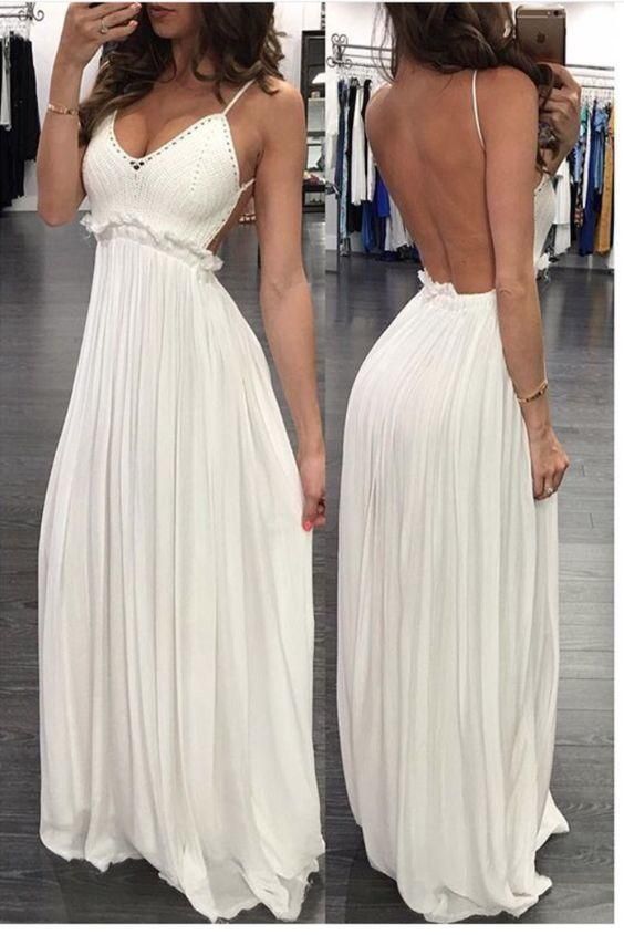 Backless Spaghetti Straps V-Neck Open Back Chiffon Evening Gowns JS508