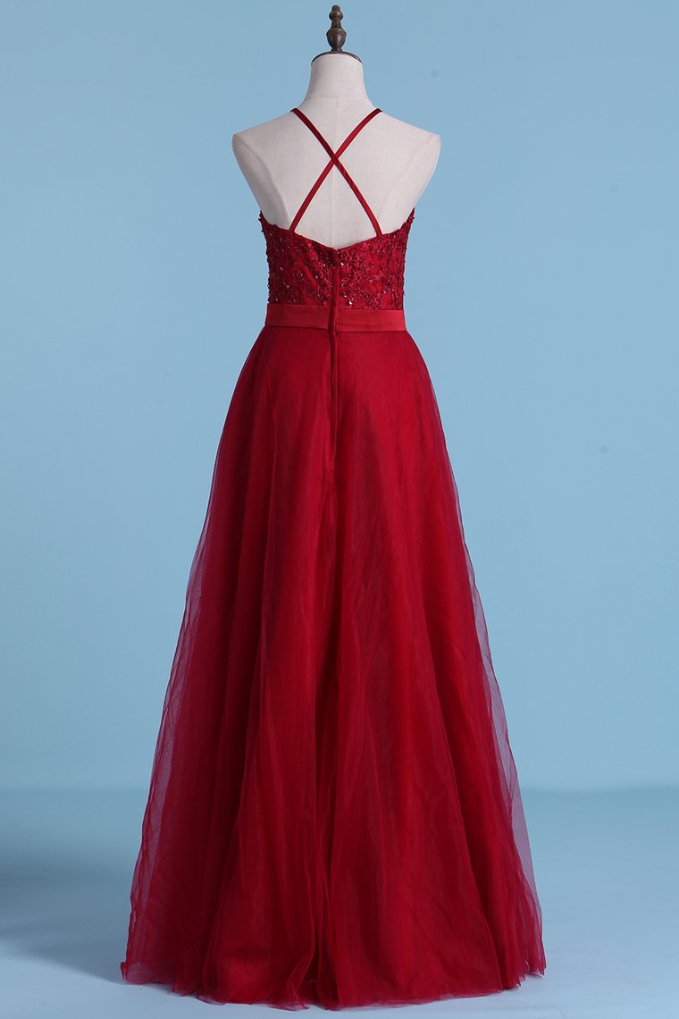 Bridesmaid Dresses A Line Scoop Open Back Tulle With Embroidery And Beads