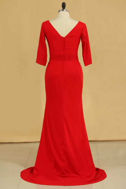 2024 Red Plus Size Mother Of The Bride Dresses V Neck 3/4 Length Sleeve Spandex With Beads Mermaid