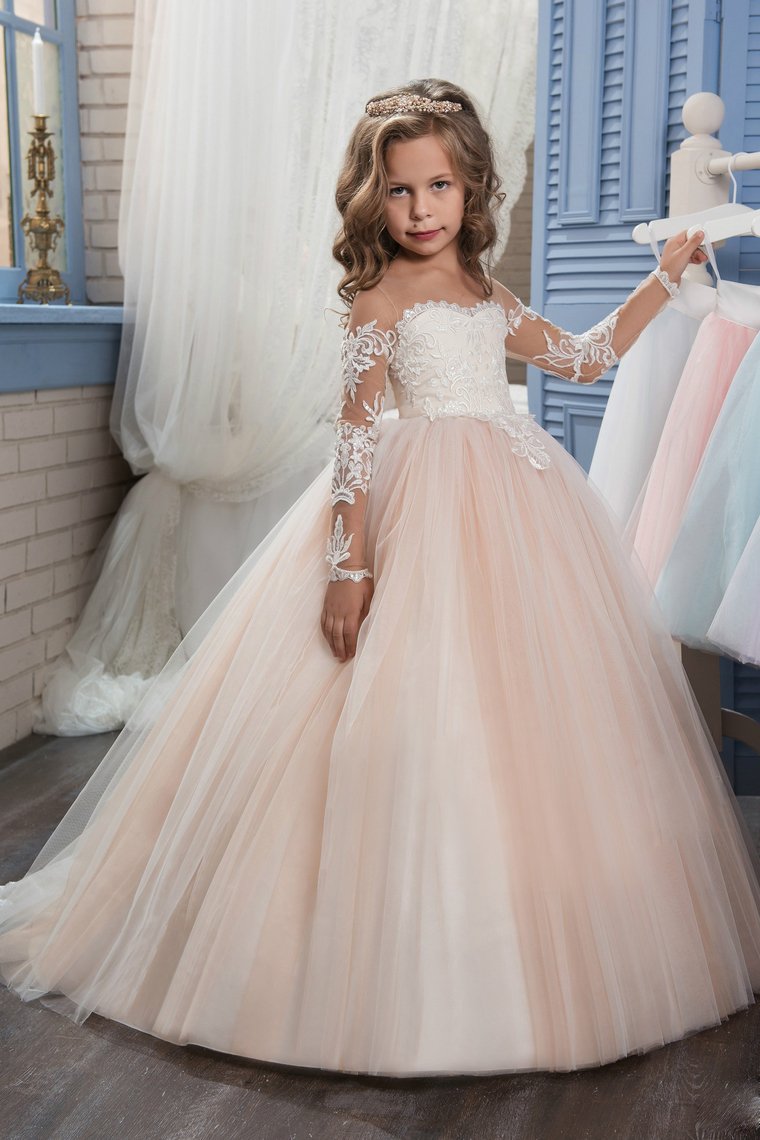 Scoop Flower Girl Dresses Ball Gown Long Sleeves Tulle With Aplique