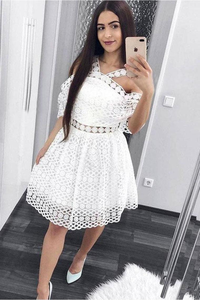 Cute A-Line White Lace Homecoming Dress,Short Prom Dresses