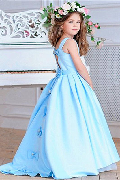 Princess A Line Sky Blue Satin Flower Girl Dresses with Bowknot, Baby Dresses SRS15586