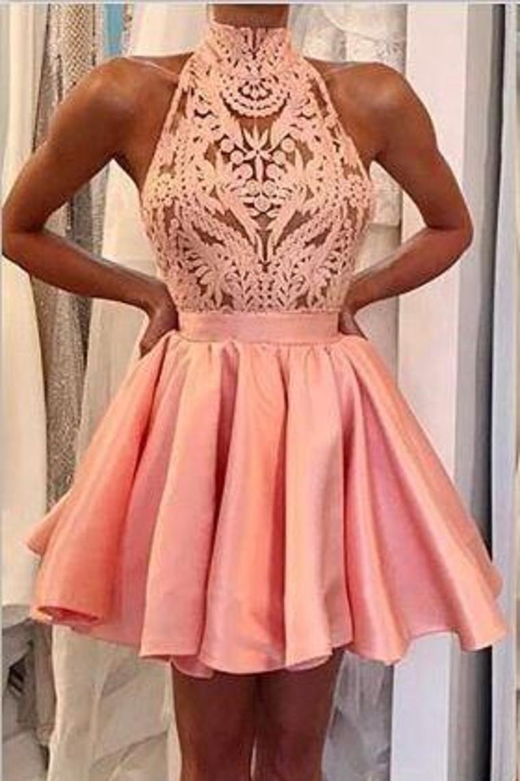 A Line High-Neck Satin & Lace Short/Mini Homecoming Dresses With Detachable Train