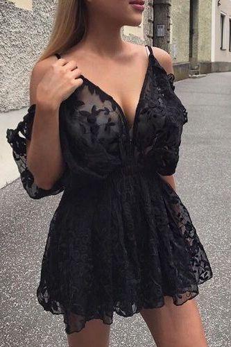 Modest Black Short Summer Dresses Unique Amiya Homecoming Dresses Lace Cold Shoulder Party Dresses Simple CD10183