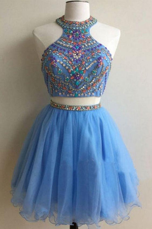 Light Blue Organza Beading Sequins A-Line Short For Teens Homecoming Dresses Makenzie Two Pieces Party Dresses CD10497