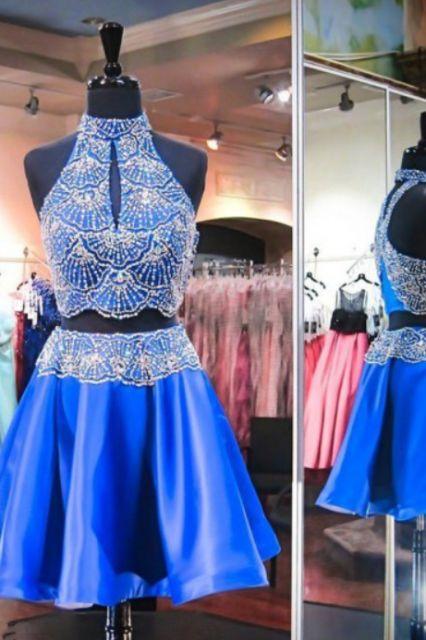 Two Piece High Neck Keyhole Royal Blue Satin Natalie Homecoming Dresses Open Back Short Beaded CD10730