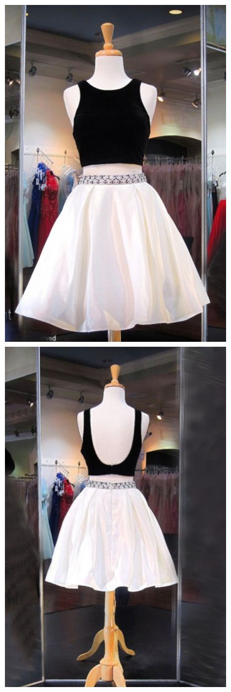 Two Piece Crew Greta Ivory Satin Homecoming Dresses Knee-Length Backless With Beading CD10732