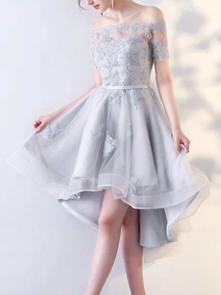 Silver Grey Off The Shoulder Binding Mini Dress High Low Evening Dress Sexy Short Vera Homecoming Dresses Sleeves CD10855