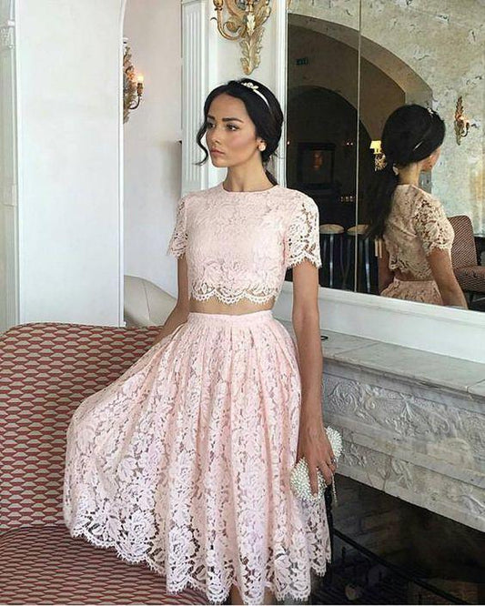 Round Neck Short Sleeves Aileen Homecoming Dresses Two Pieces Lace Knee Length CD1136