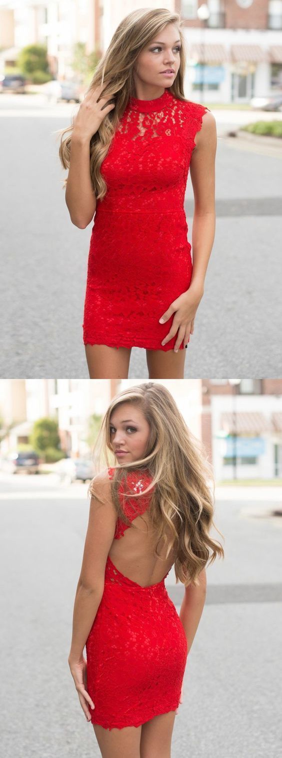 Red Short Tight Short Dresses Open Virginia Lace Homecoming Dresses Back Bodycon Short Party Dresses CD1137