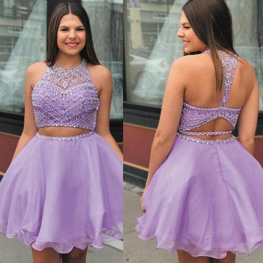 Purple Two Piece Dresses Short Homecoming Dresses Joanna 2024 Beaded Halter Sexy Lavender Graduation Dress CD11563