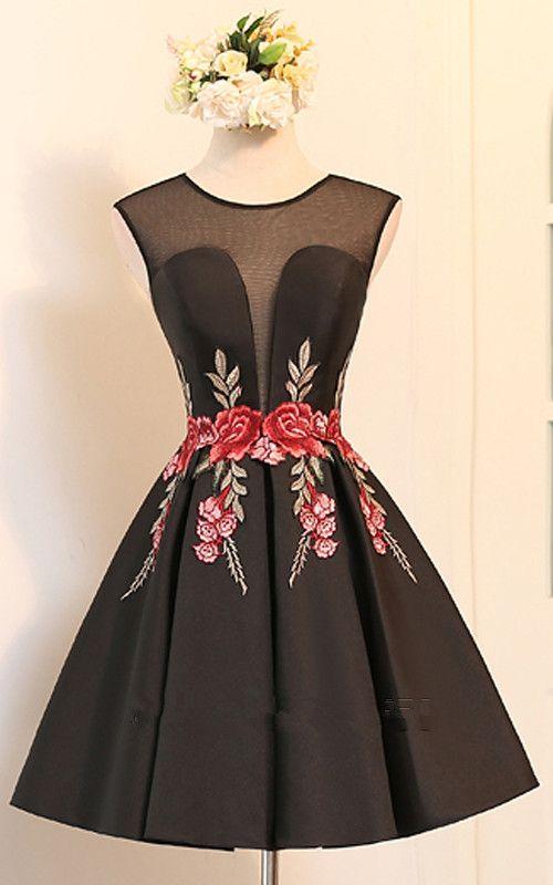 Black Knee Length Satin Carolyn A Line Homecoming Dresses V Neckline Cap Sleeve Ruched Appliques Short CD11663