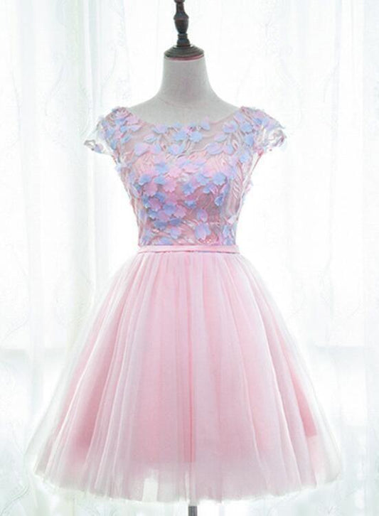 Tulle Cute Girls Party Dresses Lea Pink Homecoming Dresses Lovely Short Round Neckline With Flowers Party CD11755